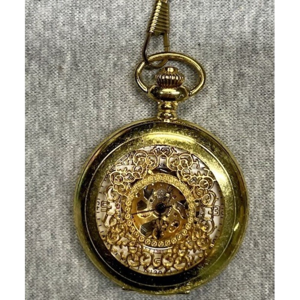 Winner Gold Tone Skeleton Pocket Watch Half Hunter Case Steampunk Mechanical